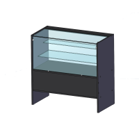 Прилавок из ДСП с верхней и фронтальной стеклянными поверхностями и стеклянными полками