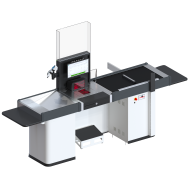 Кассовый бокс EVO SELINE 900х2300х600 мм с движимым транспортером, узким накопителем и узкой рабочей тумбой