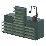 Кассовый бокс PULSAR (тип 2) 1500х2085х800 мм из ДСП с металлическими полками и кассой самообслуживания ROTO