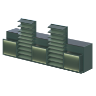 Кассовый бокс PULSAR (тип 3) 1500х3475х800 мм из ДСП с металлическими полками и передними навесками с освещением