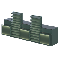 Кассовый бокс PULSAR (тип 3) 1500х3475х800 мм из ДСП с металлическими полками и передними навесками с освещением