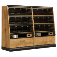 Пристенный хлебный стеллаж закрытого типа, с подъемной дверцей и выдвижными полками