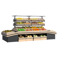 Овощной стеллаж металлический 1800х4200х1400 мм с подиумом и разнообразными многоуровневыми полками
